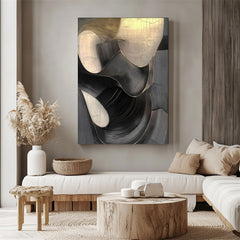 Ethereal Flow: Modern Textured Black White & Gold Abstract Art – Elegant Curved Lines Decor
