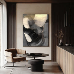 Ethereal Flow: Modern Textured Black White & Gold Abstract Art – Elegant Curved Lines Decor