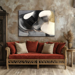 Ethereal Flow: Modern Textured Black White & Gold Abstract Art – Elegant Curved Lines Decor