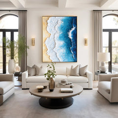 Ocean Edge: Textured Coastal Ocean Wave & Beach Oil Painting – Home Wall Decor Art