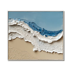 Ocean Serenity Waves: Blue White Abstract Seaside Wave – Textured Seascape Wall Art