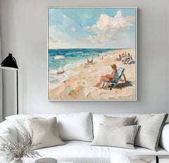 Seaside Serenity Canvas Art-Relaxing Beach Scene Painting: Impressionist Coastal Decor