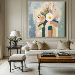Blooming Archway-Abstract Floral Bouquet in Geometric Vase Oil Painting , Modern Home Decor