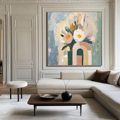 Blooming Archway-Abstract Floral Bouquet in Geometric Vase Oil Painting , Modern Home Decor
