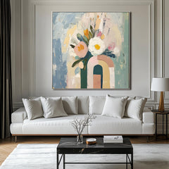 Blooming Archway-Abstract Floral Bouquet in Geometric Vase Oil Painting , Modern Home Decor