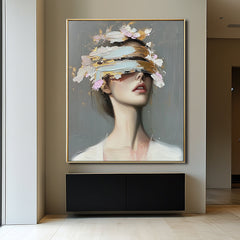 Veiled Perception – Woman with Blindfold Eye Cover, Gold Pink Brushstrokes Contemporary Oil Painting
