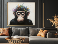 Inner Muse – Whimsical Surreal Chimpanzee Art Print, Colorful Curly Patterns Monkey Painting