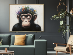 Inner Muse – Whimsical Surreal Chimpanzee Art Print, Colorful Curly Patterns Monkey Painting