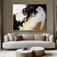Handmade Black White Gold Abstract Swirl Oil Painting – Textured Wall Art