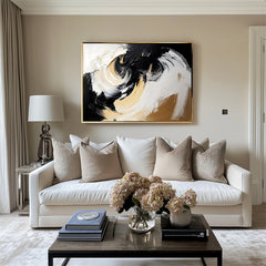 Handmade Black White Gold Abstract Swirl Oil Painting – Textured Wall Art