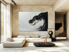 Monochrome Whirl-Black and White Impasto Textured Abstract Wall Art – Modern Minimalist Oil Painting