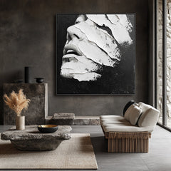 Veiled Expression: Black White Abstract Textured Portrait Wall Art – 3D Modern Framed Decor
