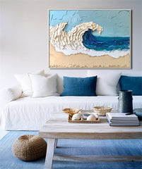 Ocean Crest: Thick Texture Seascape Painting – Blue and White Coastal Wave Art for Modern Interiors
