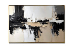 Monochrome Harmony: Impasto Black White Brown Abstract Wall Art – Modern Home Accent