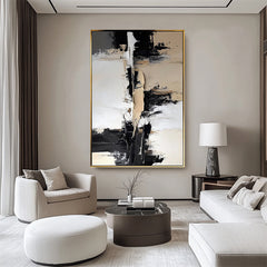 Monochrome Harmony: Impasto Black White Brown Abstract Wall Art – Modern Home Accent