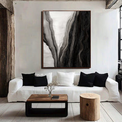 Veil of Depths – Abstract Black and White Textured Oil Painting, Modern Wall Art