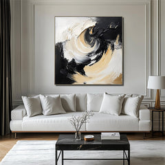 Whirlwind Elegance-Black Gold White Abstract Swirl Wall Art – Textured Abstract Wall Art