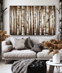 Forest Whispers – Natural Birch Tree Forest Oil Painting, Wooden Texture Wall Art