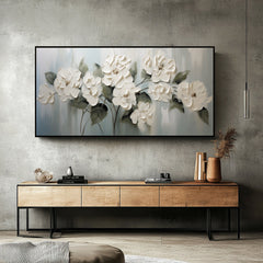 Blooming Serenity – Framed Textured White Floral Oil Painting, Modern Minimalist Wall Art
