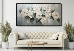 Blooming Serenity – Framed Textured White Floral Oil Painting, Modern Minimalist Wall Art