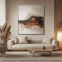 Earthbound Waves – Abstract Textured Mountain Oil Painting , Framed Neutral Tones Wall Art