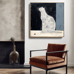 Moonlit Whispers-Unique Wabi-Sabi White Cat Painting – Home Decor Wall Art