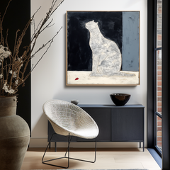 Moonlit Whispers-Unique Wabi-Sabi White Cat Painting – Home Decor Wall Art