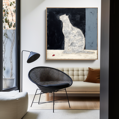 Moonlit Whispers-Unique Wabi-Sabi White Cat Painting – Home Decor Wall Art