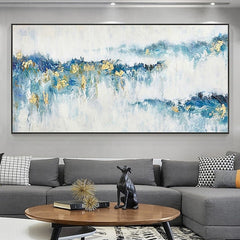 Morning Mist Light-Modern Abstract Blue and Gold Mountain Wall Art, Landscape Oil Painting
