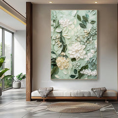 Soft Green Floral Diptych Oil Paintings with Impasto Texture, Set of 2 Botanical Wall Art
