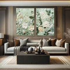 Soft Green Floral Diptych Oil Paintings with Impasto Texture, Set of 2 Botanical Wall Art