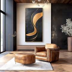 Black and Gold Abstract Textured Wall Art with Flowing Curves
