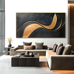 Black and Gold Abstract Textured Wall Art with Flowing Curves