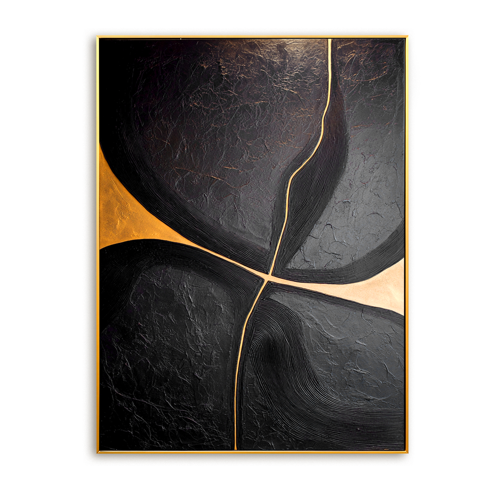 Golden Crossflow – Black Abstract Minimalist Wall Art hand-painted wall art