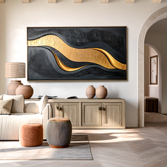 Golden Current – Black and Gold Abstract Textured Wall Art