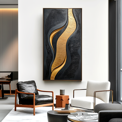 Golden Current – Black and Gold Abstract Textured Wall Art