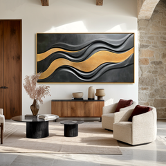 Golden Flow – Black and Gold Abstract Textured Wall Art