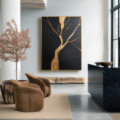 Golden Still Tree – Minimalist Abstract Textured Wall Art