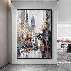 8th Avenue – Abstract Cityscape Painting with Skyscraper – Modern Urban Canvas Art