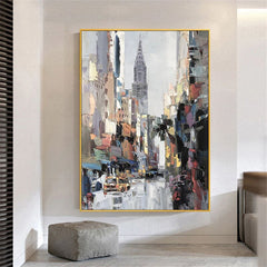 8th Avenue – Abstract Cityscape Painting with Skyscraper – Modern Urban Canvas Art