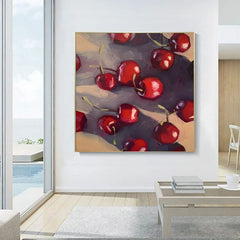 Cherries-Impressionist Cherry Oil Painting – Vibrant Red Square Dining Room Wall Art