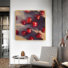 Cherries-Impressionist Cherry Oil Painting – Vibrant Red Square Dining Room Wall Art