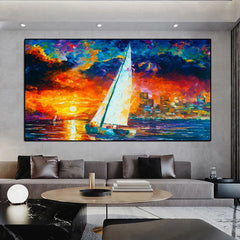 Sail into Sunset – Sailboat Sunset Oil Painting for Modern Coastal Wall Decor