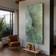 Emerald Depths – Textured Abstract Green Tones Oil Painting, Vertical Wall Art