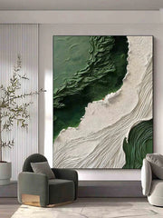 Emerald Waves – Vertical Textured Green & White Abstract Painting for Modern Decor