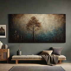 Ethereal Solitude – Textured Abstract Tree Landscape Horizontal Canvas Wall Art: Warm Brown & Teal Toned