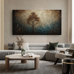 Ethereal Solitude – Textured Abstract Tree Landscape Horizontal Canvas Wall Art: Warm Brown & Teal Toned