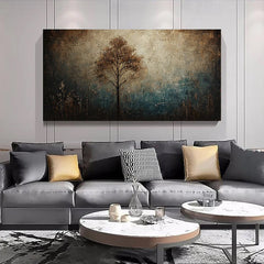 Ethereal Solitude – Textured Abstract Tree Landscape Horizontal Canvas Wall Art: Warm Brown & Teal Toned