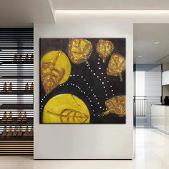 Floating Leaves-Handmade Golden Leaf Abstract Oil Painting – Modern Art Wall Decor for Home Decoration