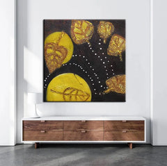 Floating Leaves-Handmade Golden Leaf Abstract Oil Painting – Modern Art Wall Decor for Home Decoration